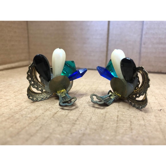 Vintage Clip On Earrings Peacock Ornate Blue Green Pearl Elegant - Picture 2 of 8